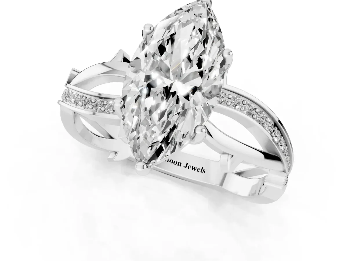 Marquise Cut Solitaire Twist Band with Pavé Accents and Four-Prong Setting Silver