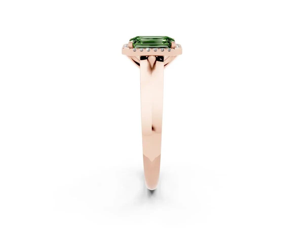Fancy Green Emerald Cut Halo Diamond Ring with Cathedral Band and Four-Prong Setting Rose gold