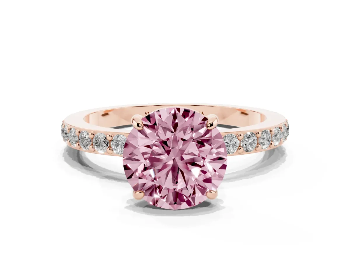 Fancy Pink Round Cut Diamond Pavé Engagement Ring with Round Accents and Prong Setting Rose gold