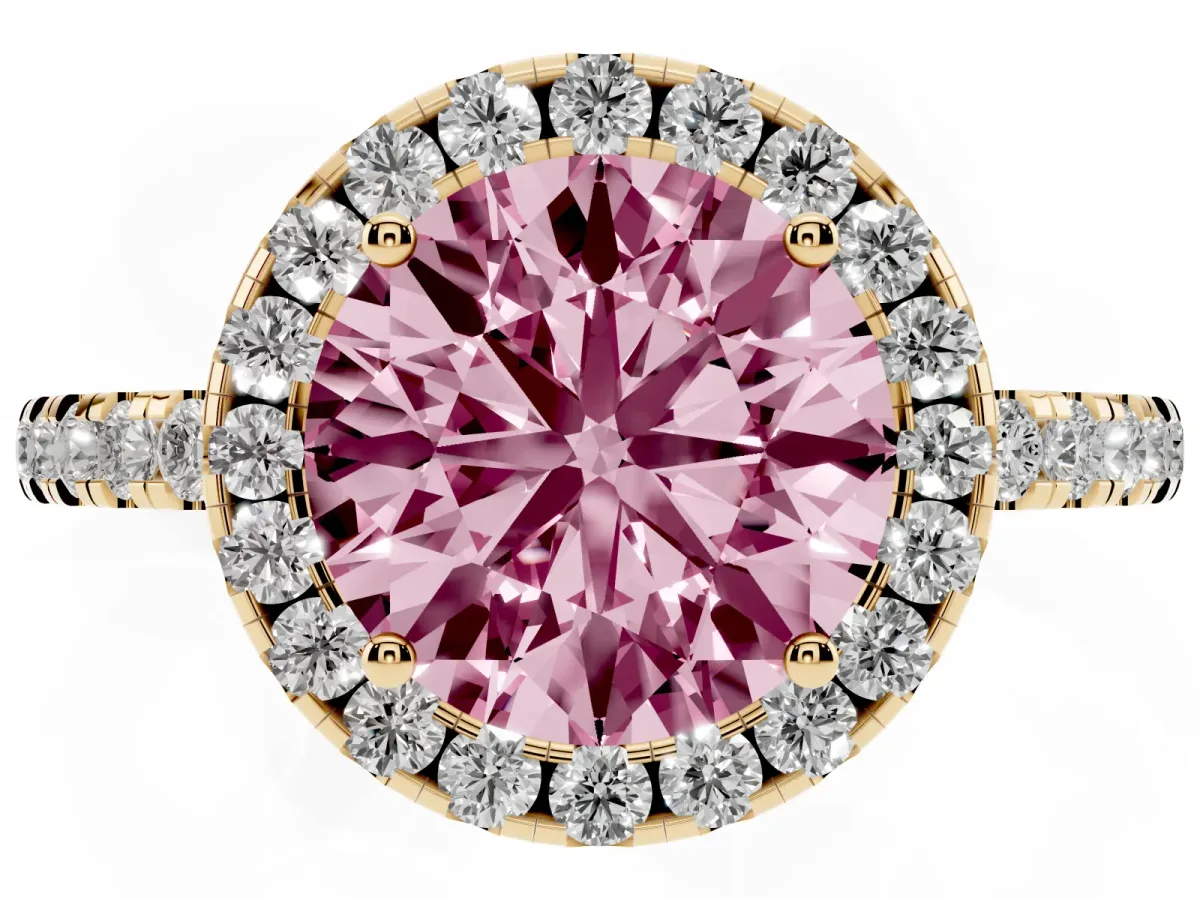 Fancy Pink Round Cut Halo Diamond Engagement Ring with Pavé Band and Four-Prong Setting Yellow gold