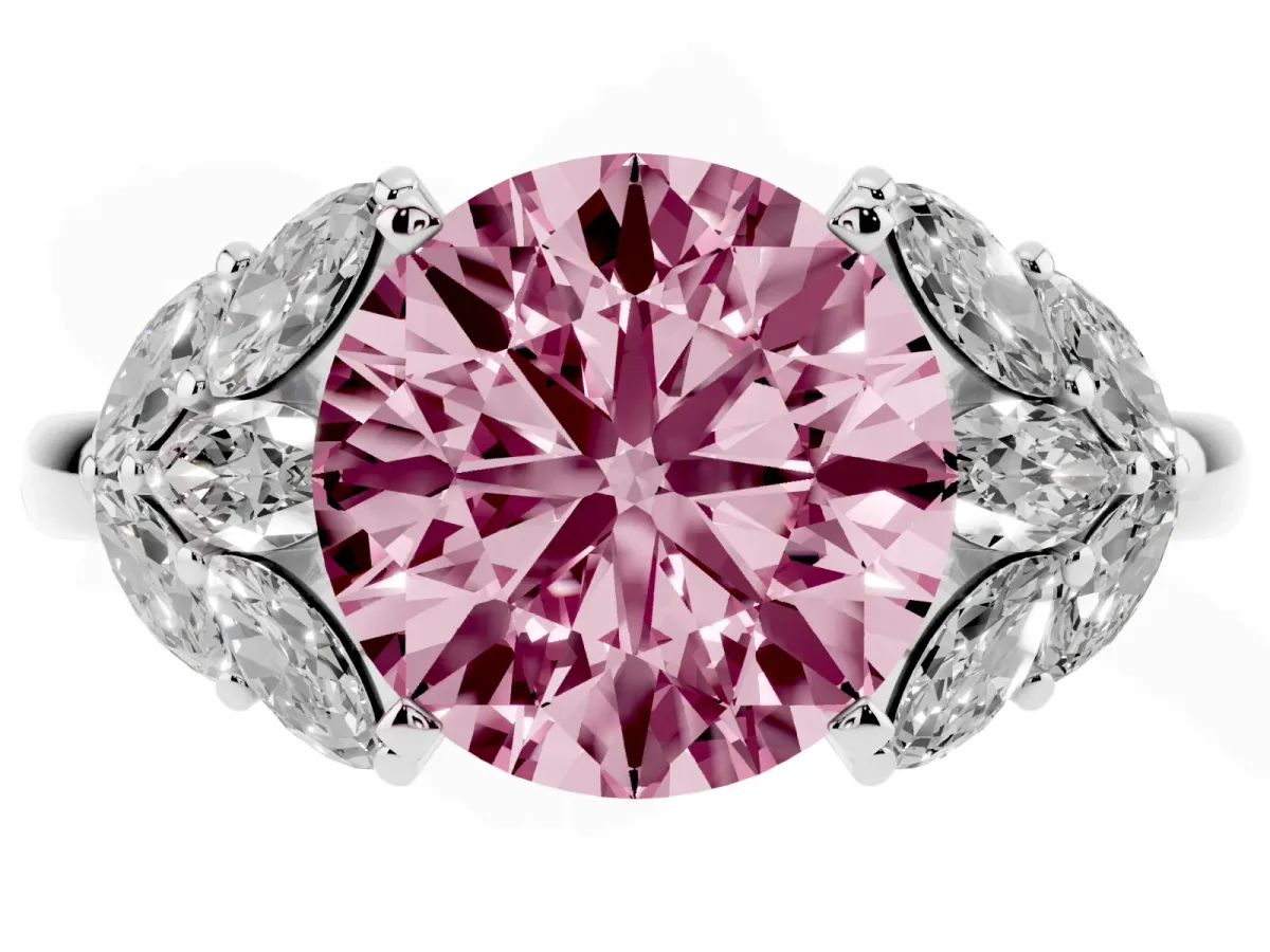 Fancy Pink Round Cut Diamond Cluster Leaf Design Ring with Prong Setting Silver