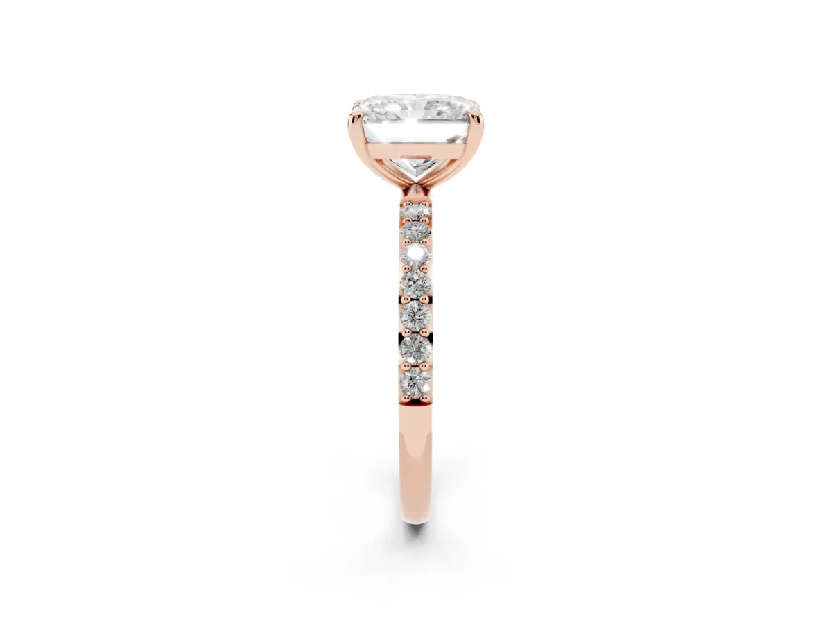 Radiant Cut Diamond Solitaire Ring with Round Pavé Band and Prong Setting Rose gold
