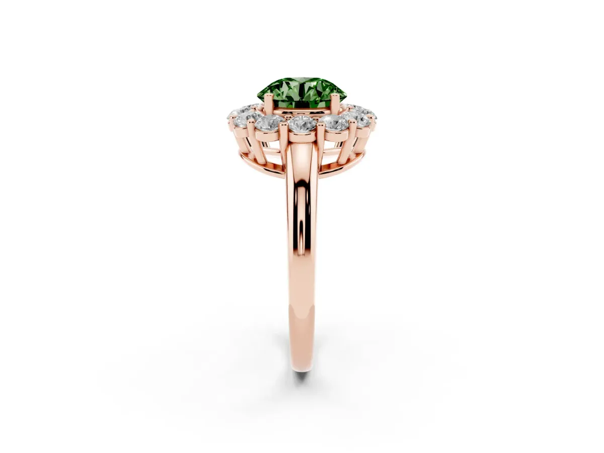 Fancy Green Round Cut Halo Cluster Diamond Engagement Ring with Prong Setting and Polished Band Rose gold