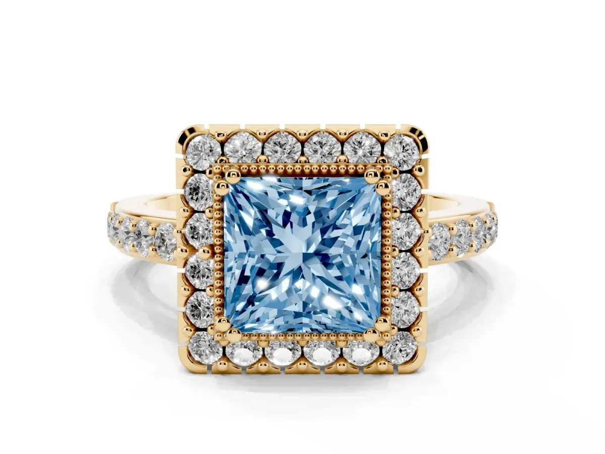 Fancy Blue Princess Cut Diamond Halo Ring with Pavé Band and Prong Setting Yellow gold