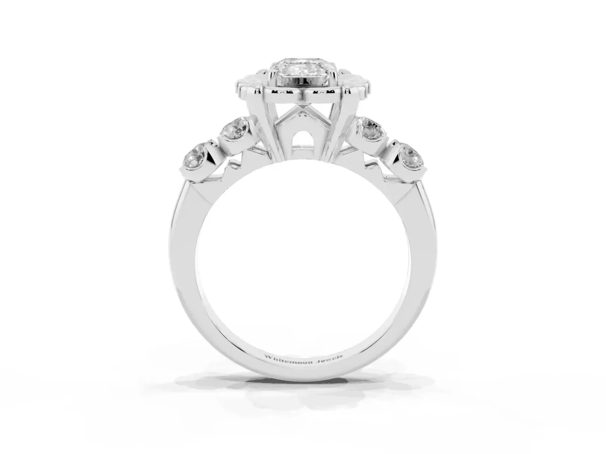 Emerald Cut Cut Diamond Floral Halo Engagement Ring with Shared Prong Setting Platinum