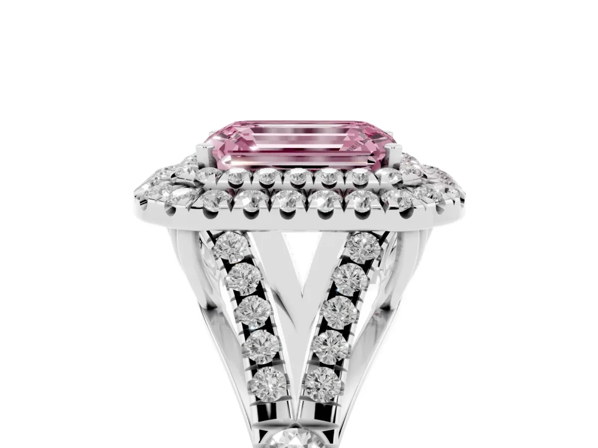 Fancy Pink Emerald Cut Diamond Pavé Split Shank Double Halo Engagement Ring Platinum