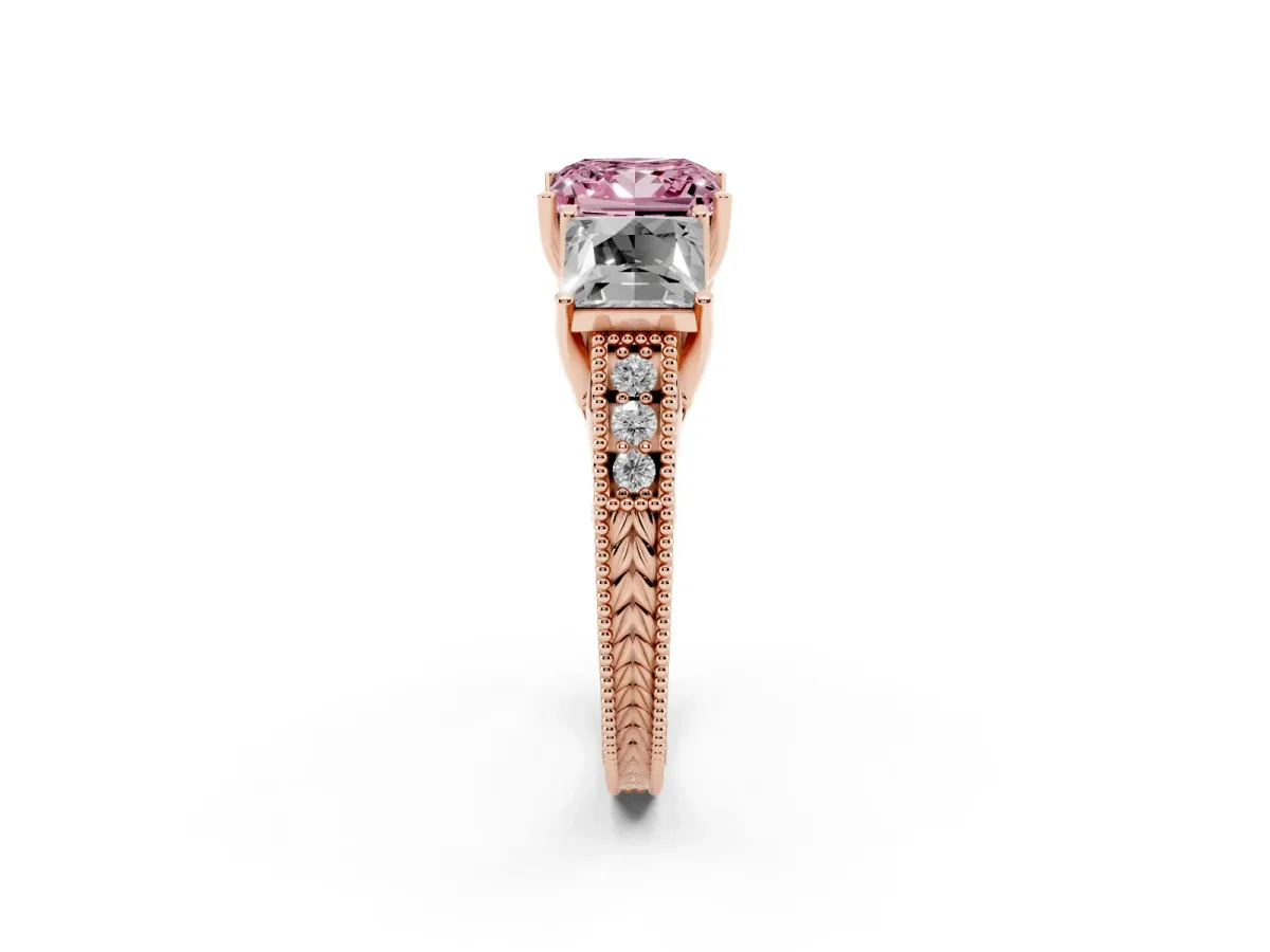 Fancy Pink Three-Stone Princess Cut Cut Milgrain Pavé Engagement Ring Rose gold