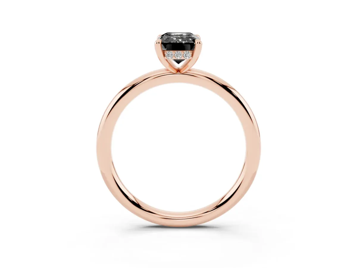 Fancy Black Emerald Cut Diamond Solitaire Ring with Thin Band and Four-Prong Setting Rose gold
