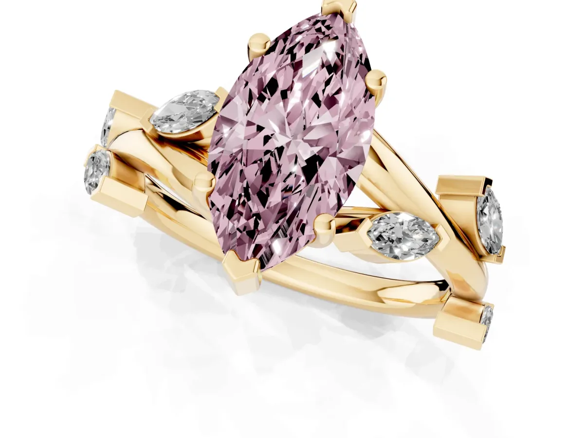 Fancy Pink Marquise Cut Solitaire Twisted Band Marquise Accent Prong Setting Ring Yellow gold