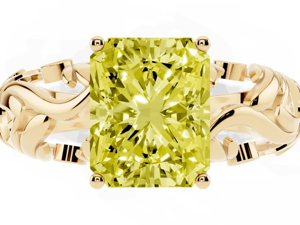 Fancy Yellow Radiant Cut Solitaire Diamond Leaf-Inspired Vine Band Ring with Prong Setting Yellow gold