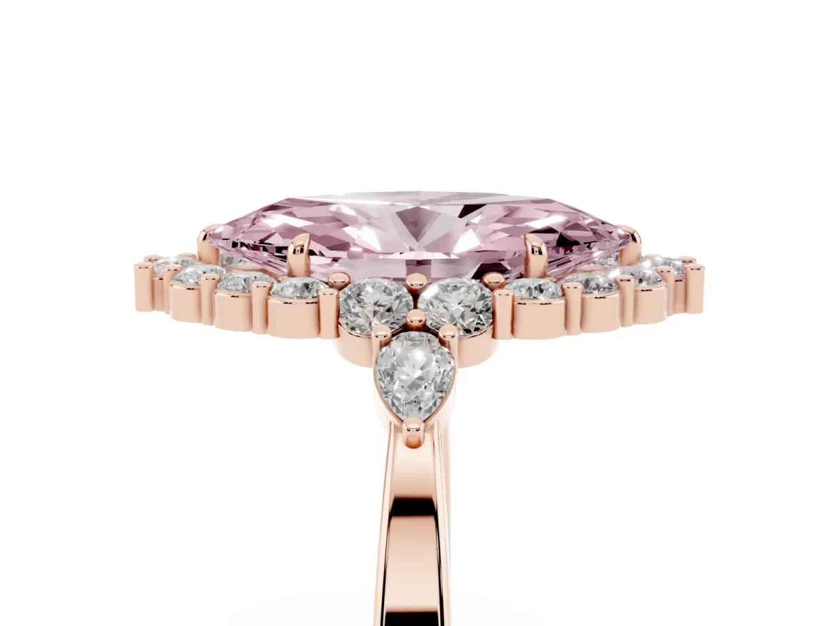 Fancy Pink Marquise Cut Diamond Halo Ring with Pear Side Stones and Prong Setting Rose gold