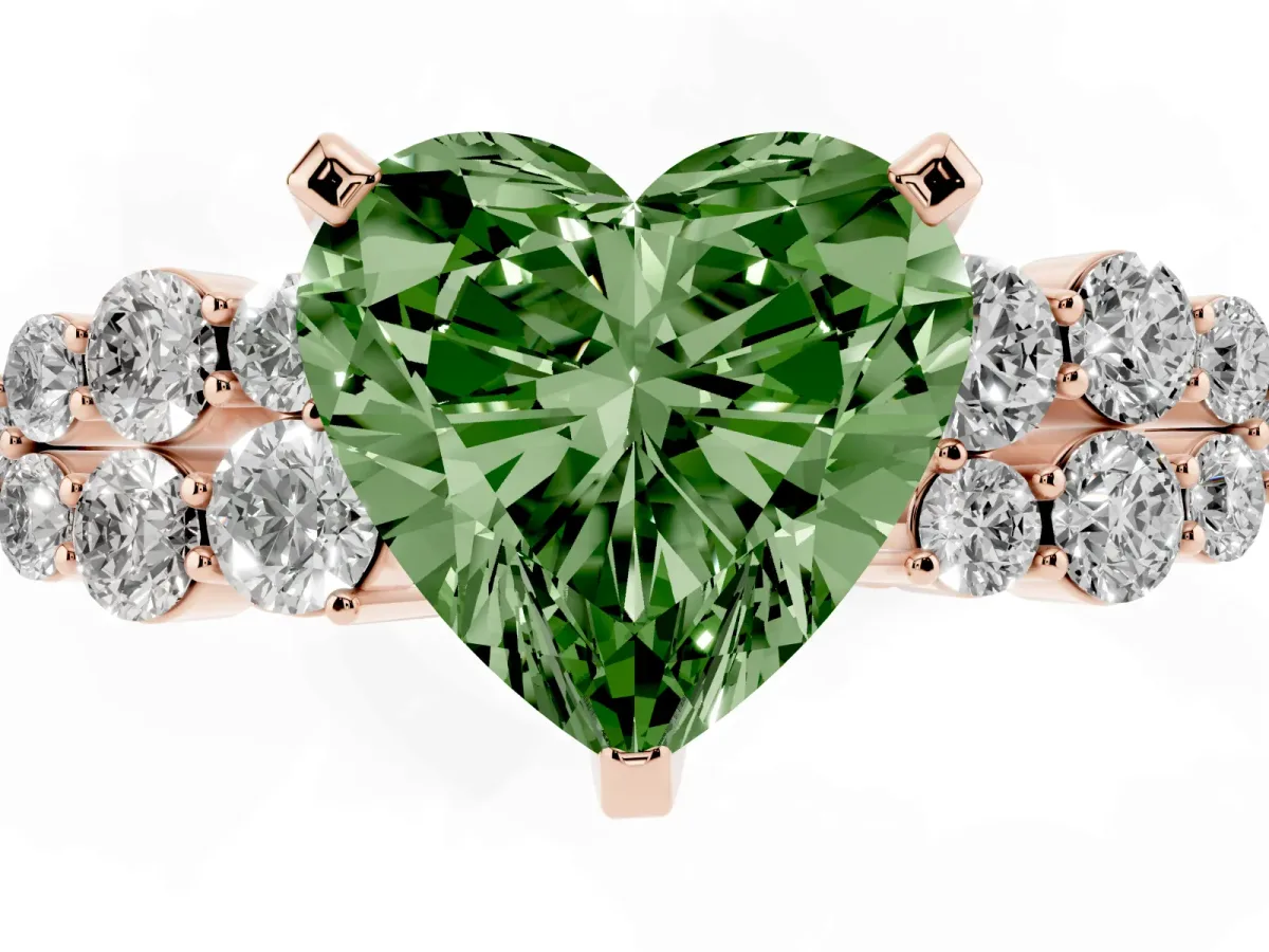 Fancy Green Heart Cut Cluster Diamond Engagement Ring with Pavé Band and Four-Prong Setting Rose gold