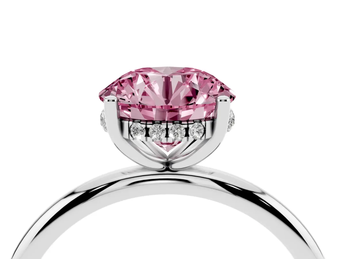 Fancy Pink Round Cut Cut Solitaire Engagement Ring with Four-Prong Setting and Classic Band Silver