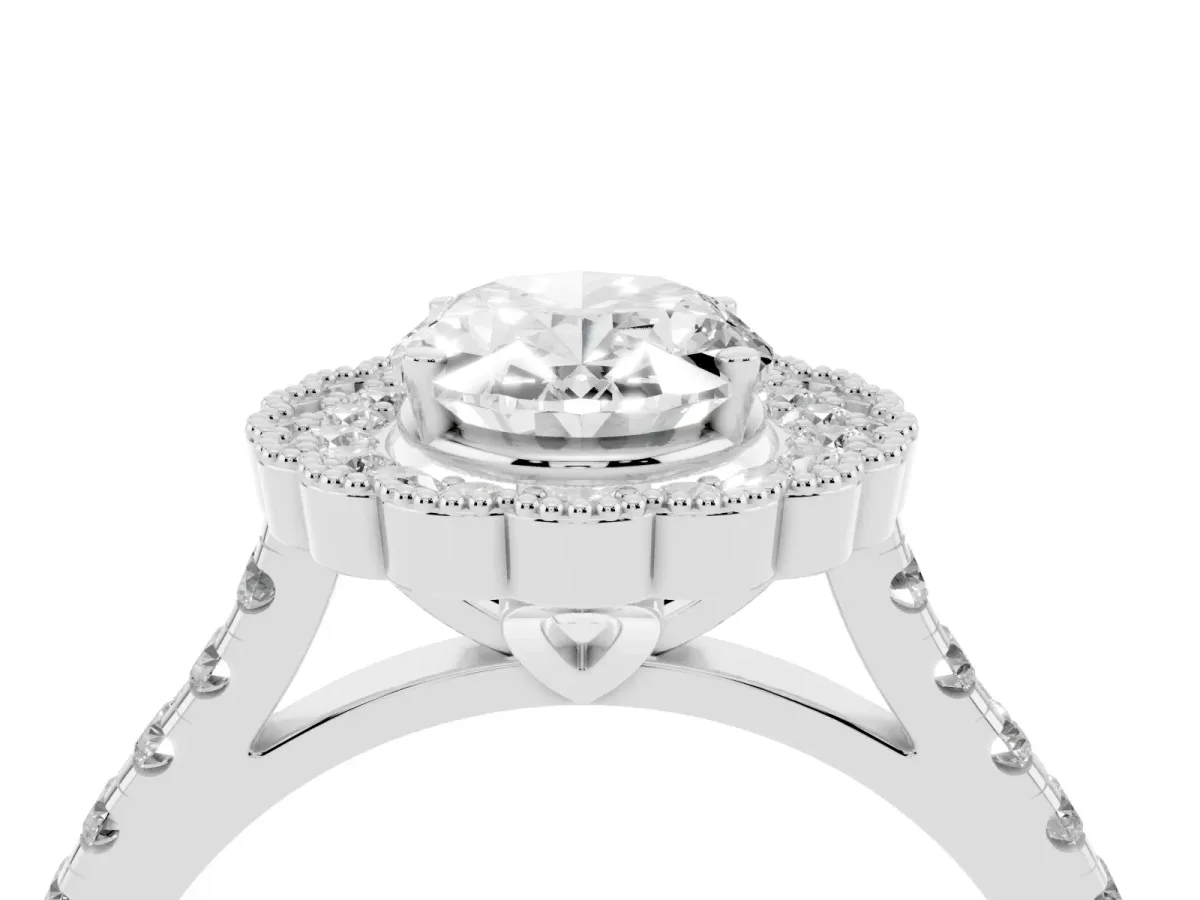 Oval Cut Cut Diamond Milgrain Floral Halo Engagement Ring with Pavé Band White gold