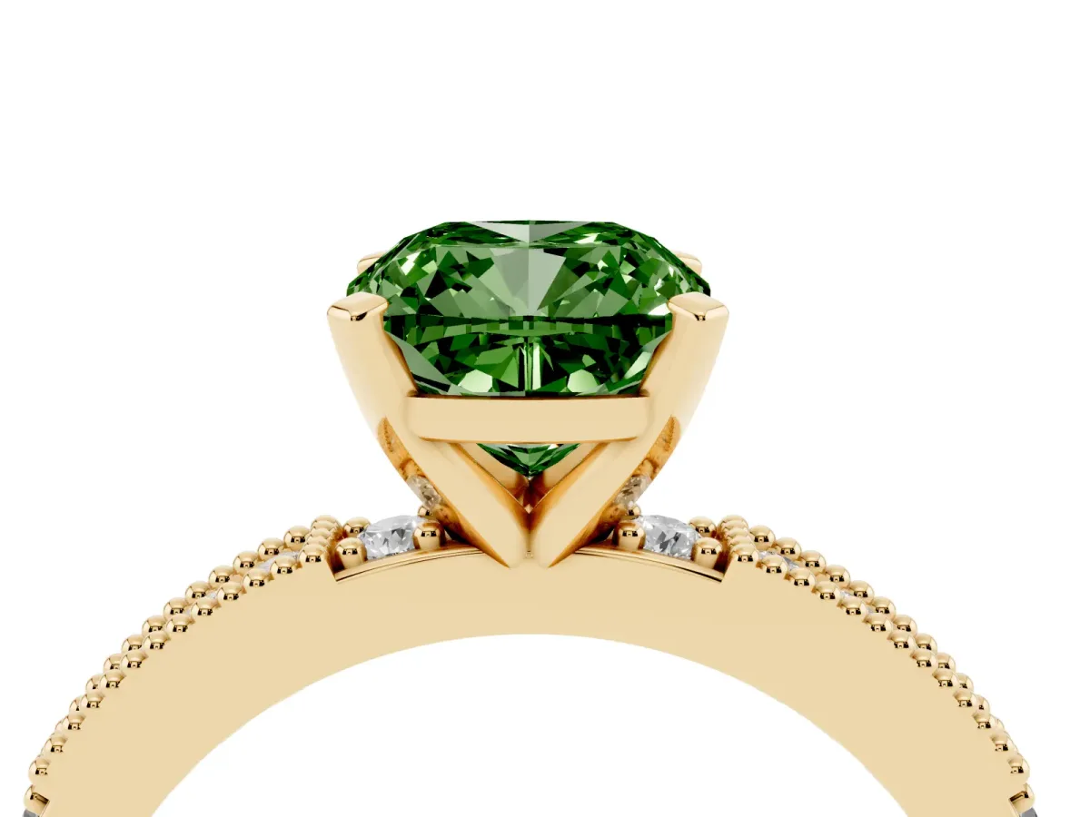 Fancy Green Cushion Cut Solitaire with Pavé Band and Four-Prong Setting Yellow gold