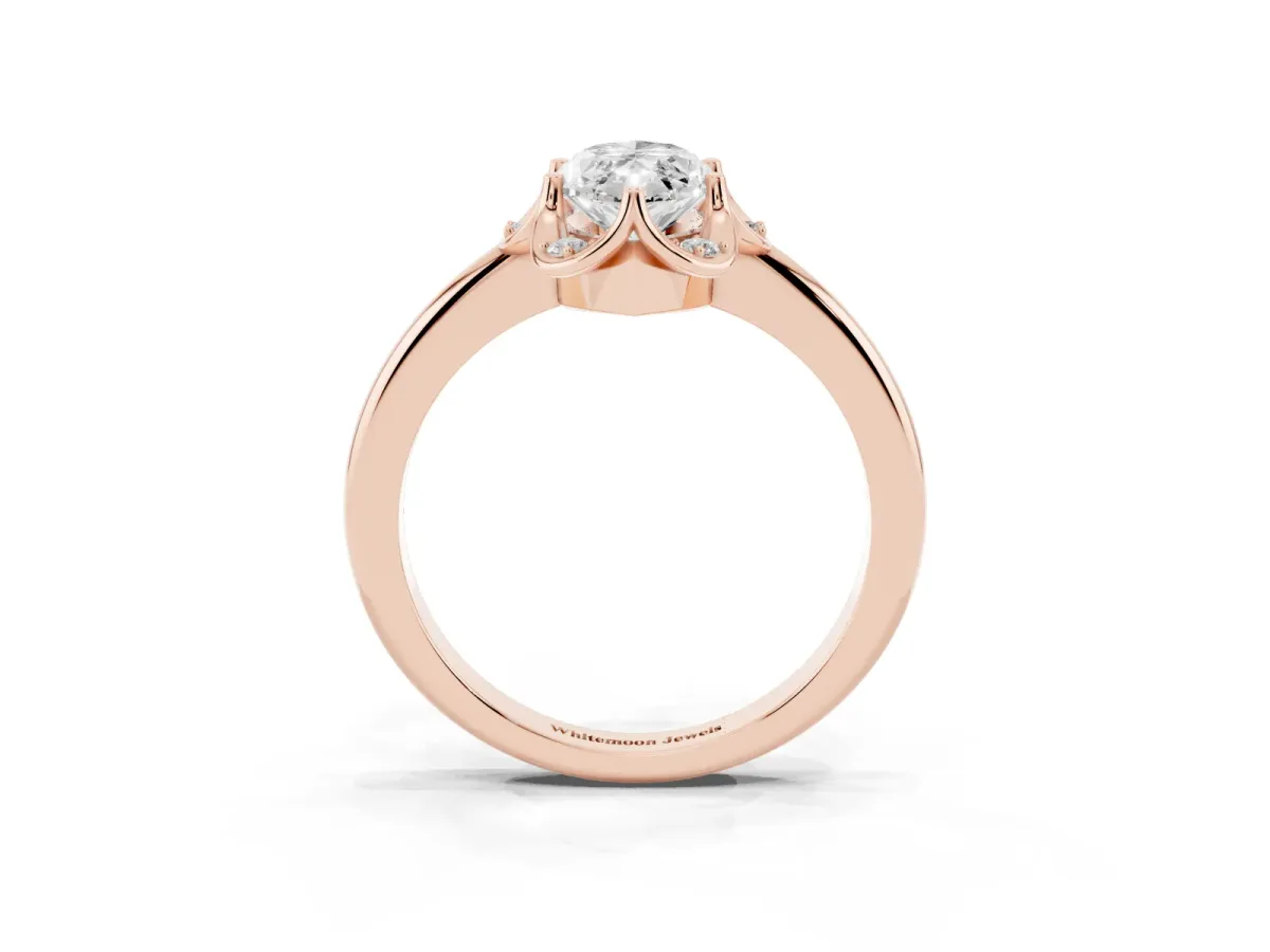 Marquise Cut Halo Diamond Ring with Round Cluster Setting, Solitaire Band, and Four-Prong Setting Rose gold