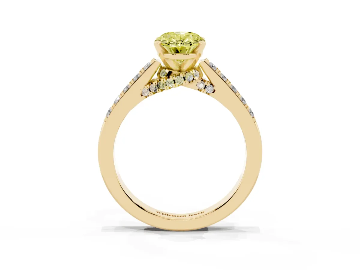 Fancy Yellow Oval Cut Diamond Solitaire Ring with Crossover Gallery and Round Pavé Band Yellow gold