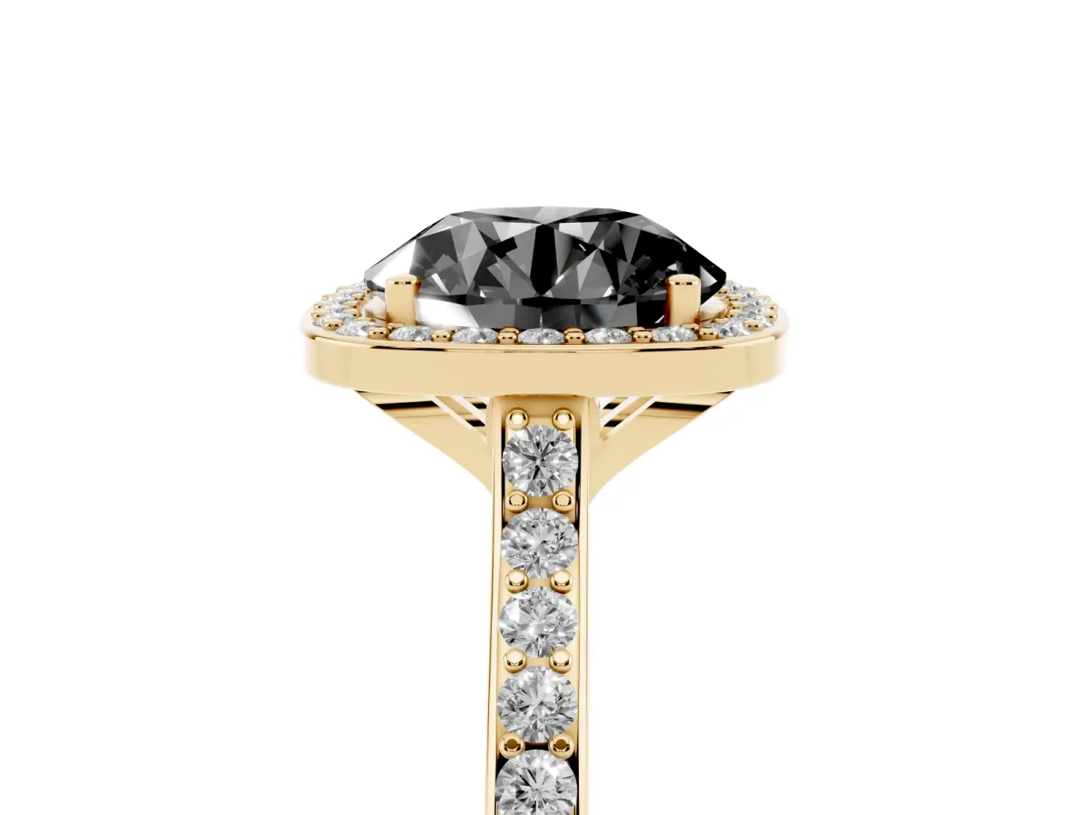 Fancy Black Round Cut Diamond Halo Engagement Ring with Round Pavé Shoulders and Prong Setting Yellow gold