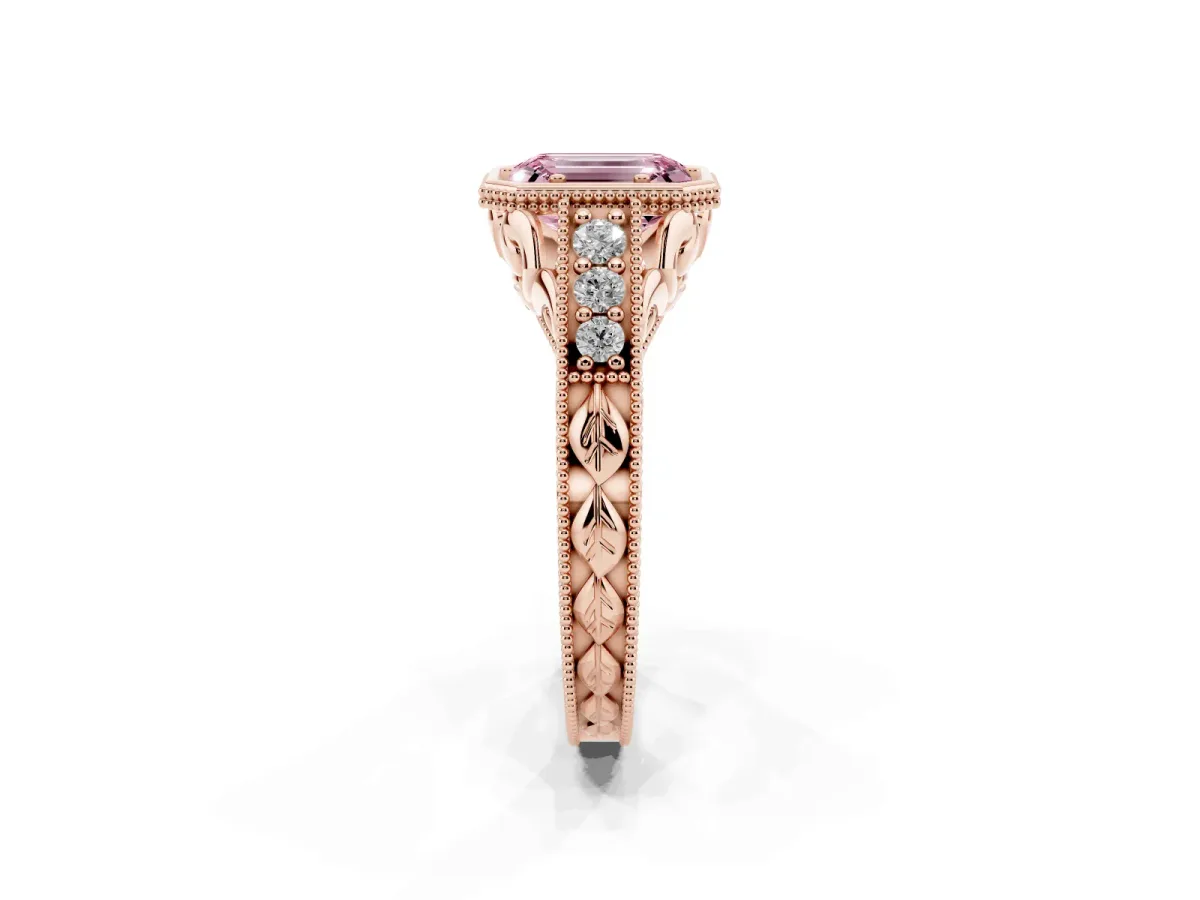 Fancy Pink Bezel Set Emerald Cut Diamond Milgrain Pave Engagement Ring Rose gold