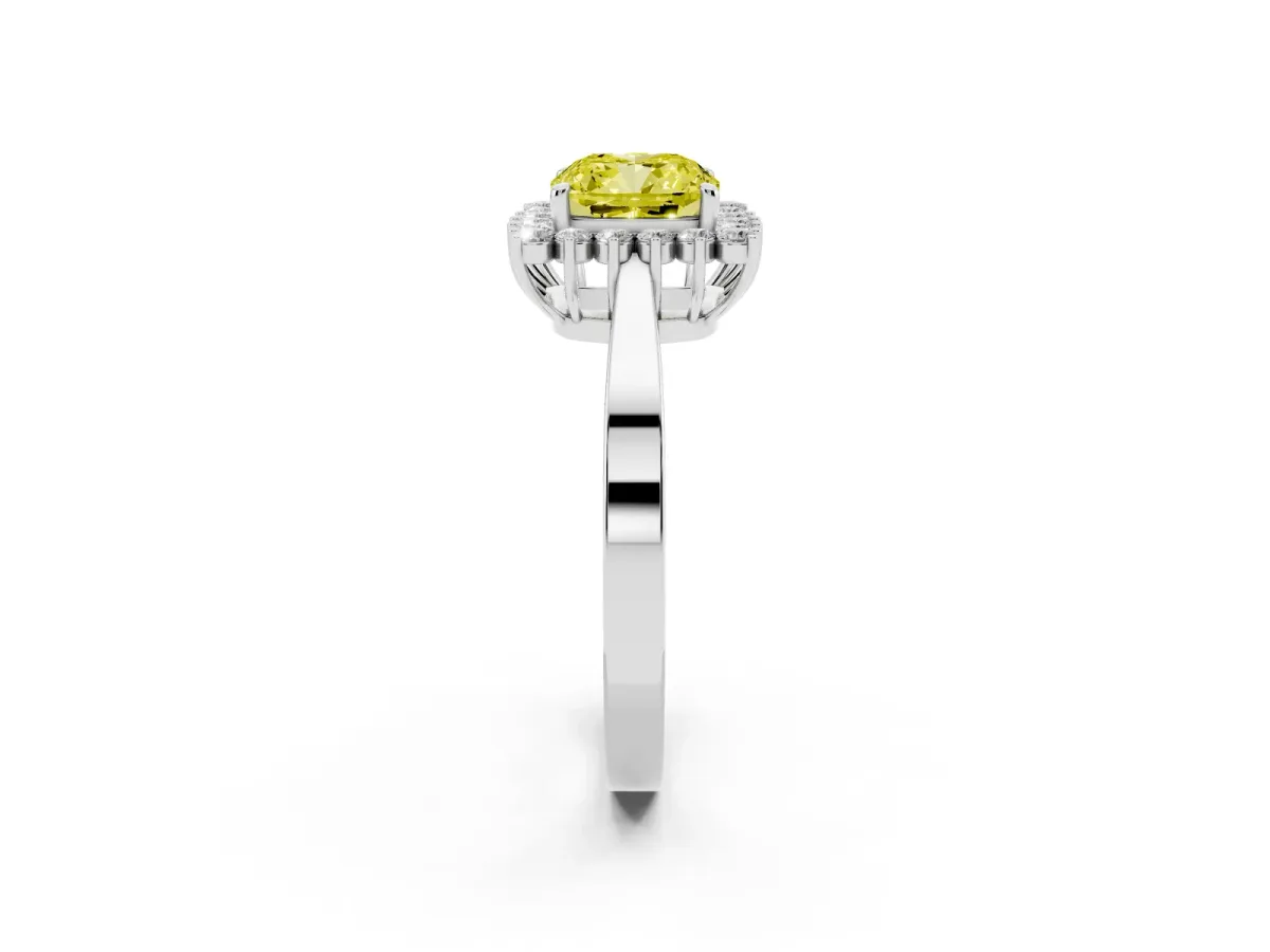Fancy Yellow Cushion Cut Cut Diamond Halo Ring with Round Brilliant Halo and Solitaire Band Silver