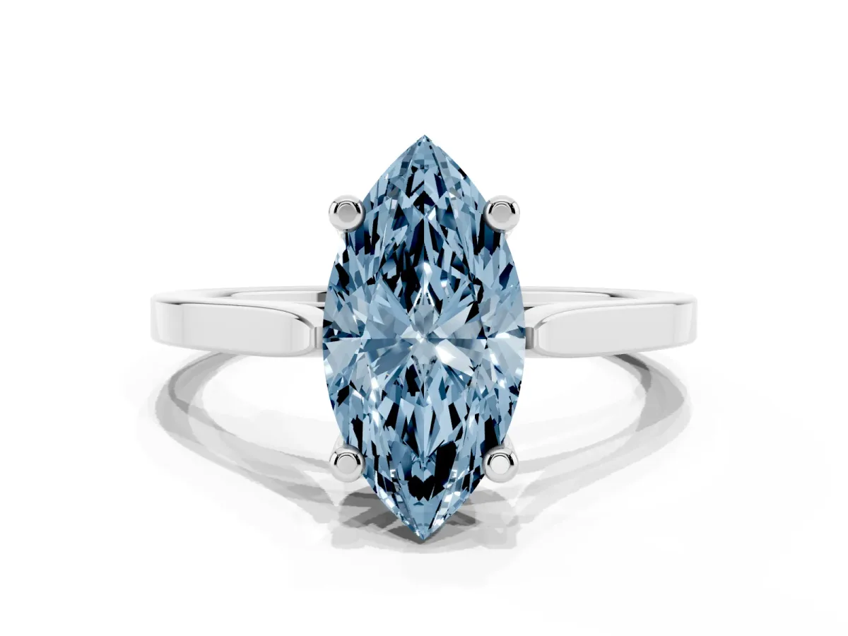 Fancy Blue Marquise Cut Solitaire Diamond Ring with Four-Prong Setting and Tapered Band Platinum