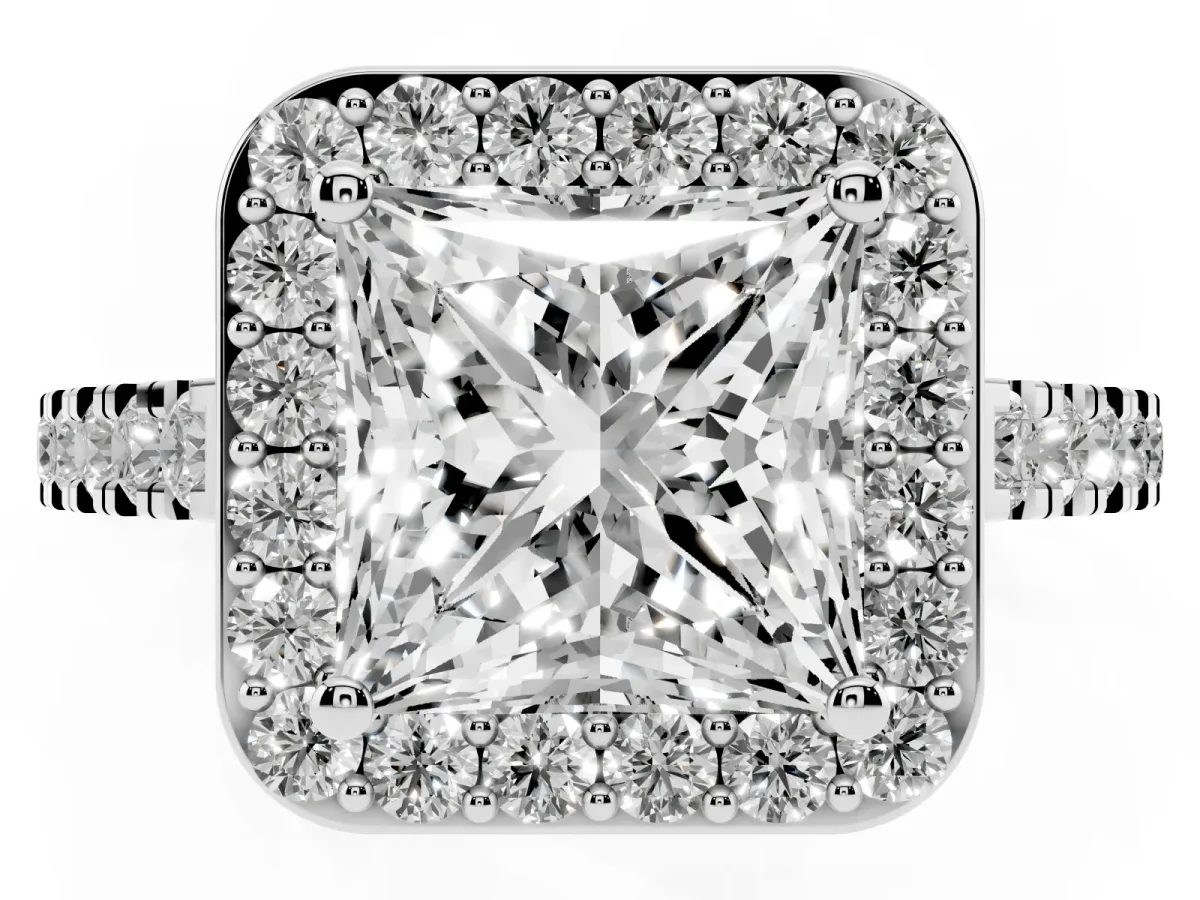 Princess Cut Diamond Halo Ring with Round Pavé Split Shank and Prong Setting Silver