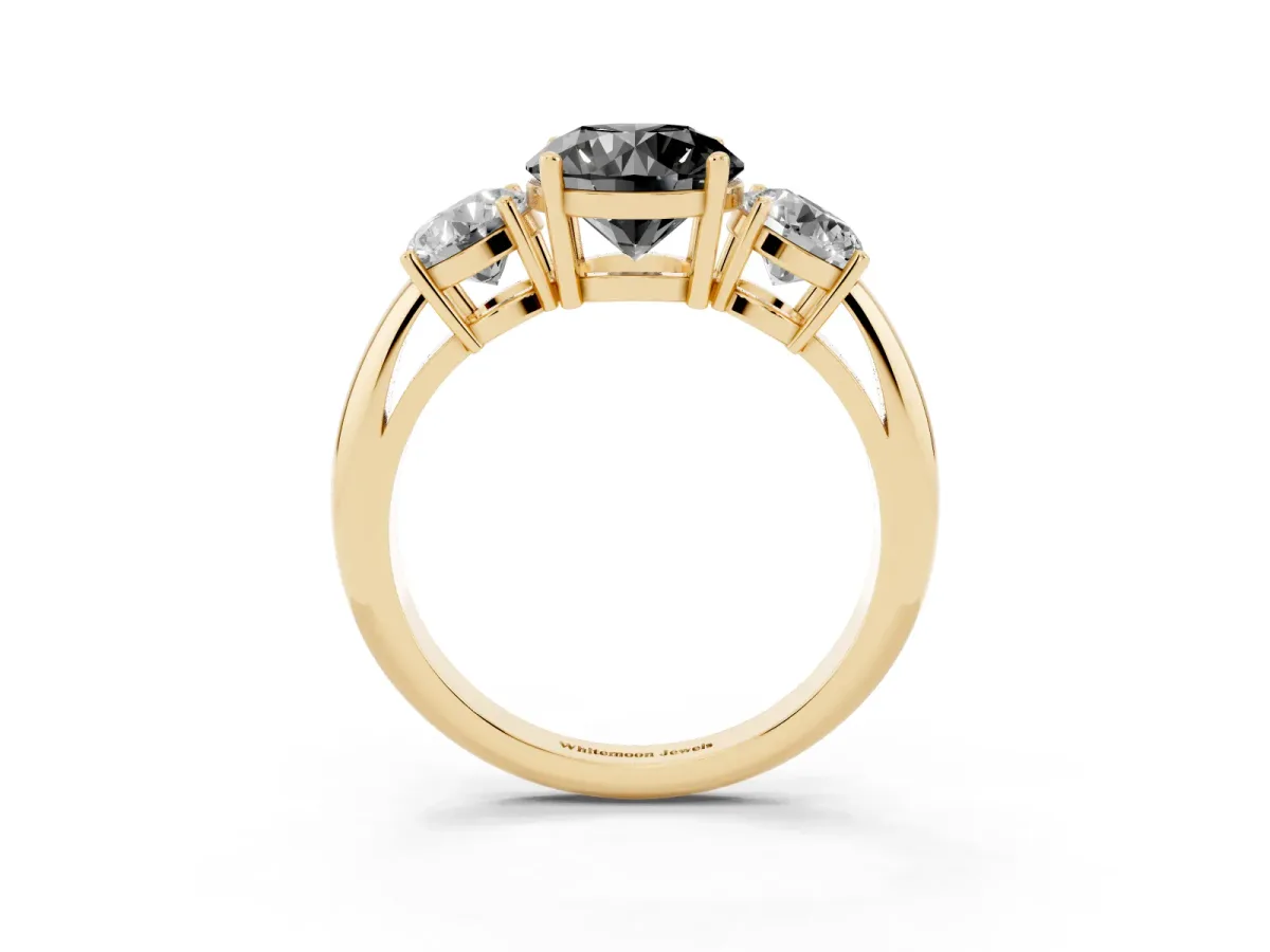 Fancy Black Three-Stone Round Cut Cut Diamond Engagement Ring with Prong Setting on a White Gold Band Yellow gold