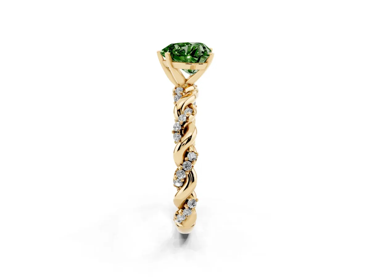 Fancy Green Heart Cut Diamond Solitaire Ring with Twisted Band and Pavé Accents Yellow gold