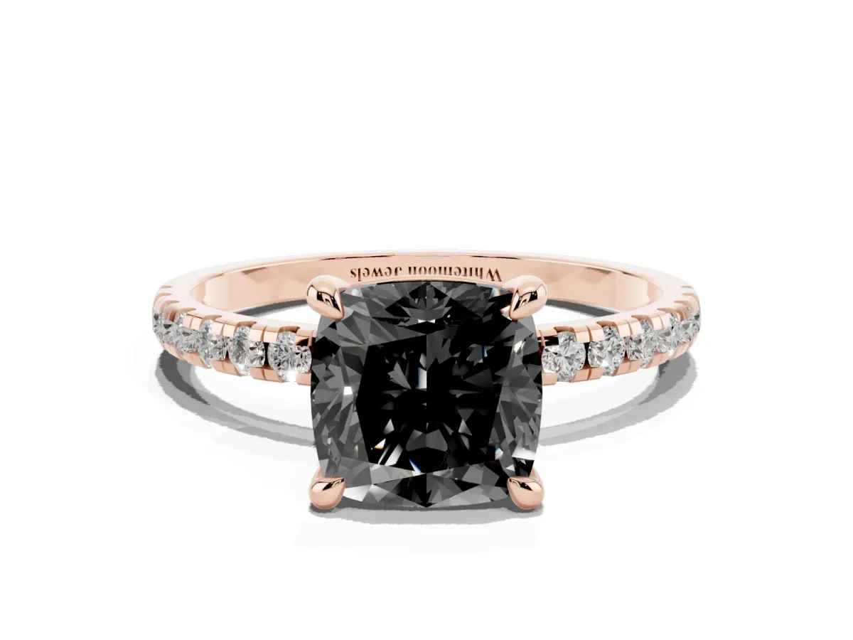 Fancy Black Cushion Cut Diamond Brilliant Solitaire Ring with Pavé Band and Four-Prong Setting Rose gold