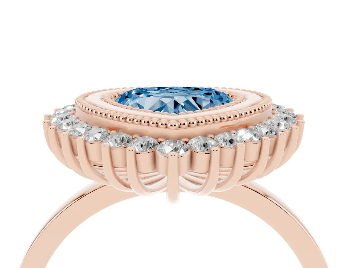 Fancy Blue Heart Cut Halo Diamond Ring with Milgrain Edge and Round Prong Setting Rose gold
