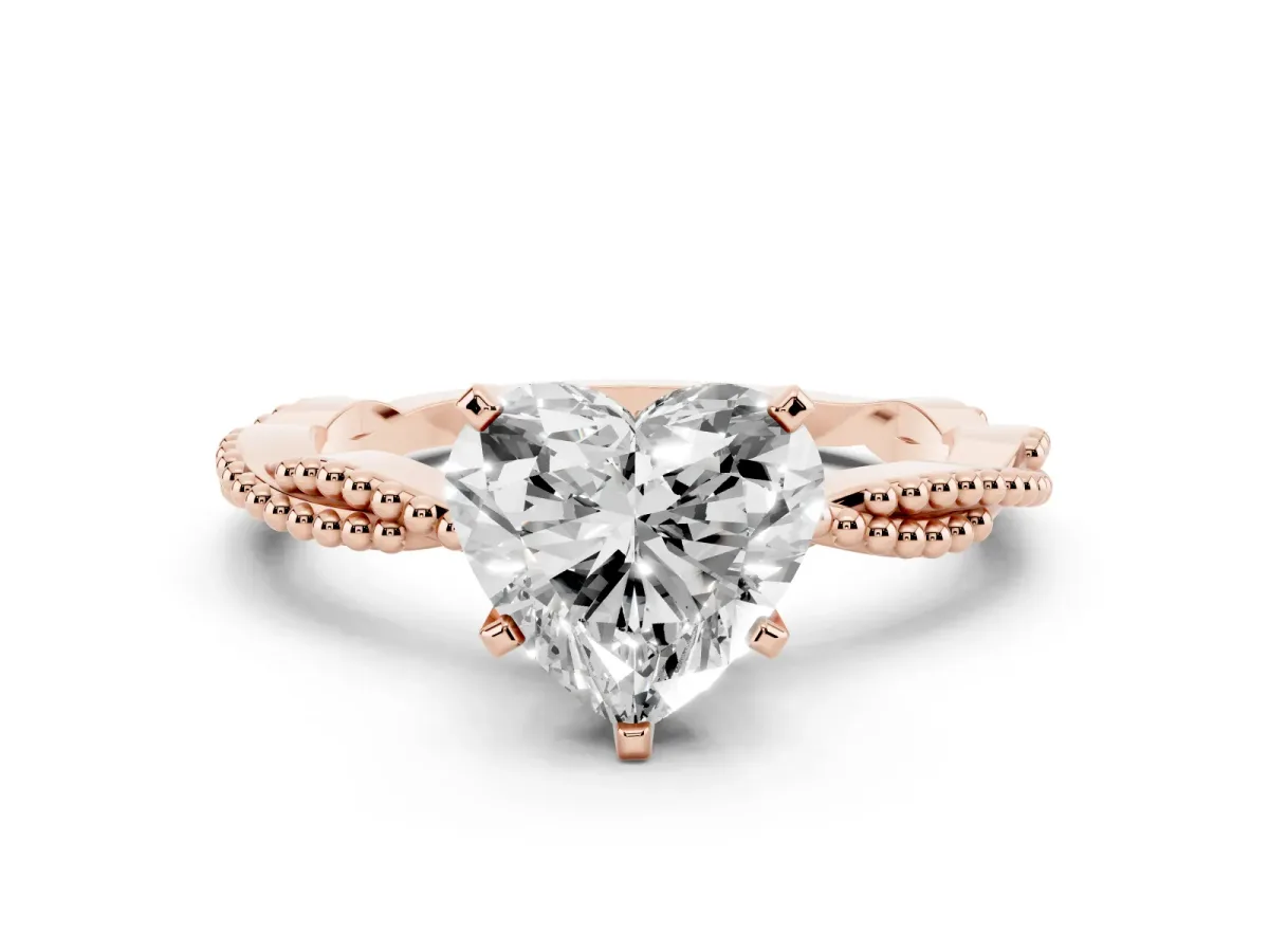 Heart Cut Solitaire Twisted Band with Bead Prong Setting Rose gold