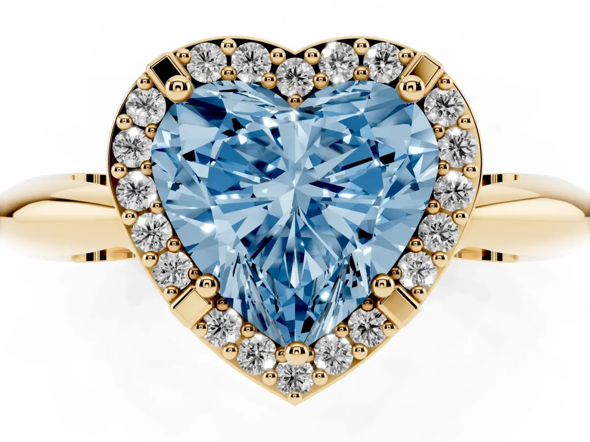 Fancy Blue Heart Cut Cut Diamond Halo Engagement Ring with Split Shank and Four-Prong Setting Yellow gold