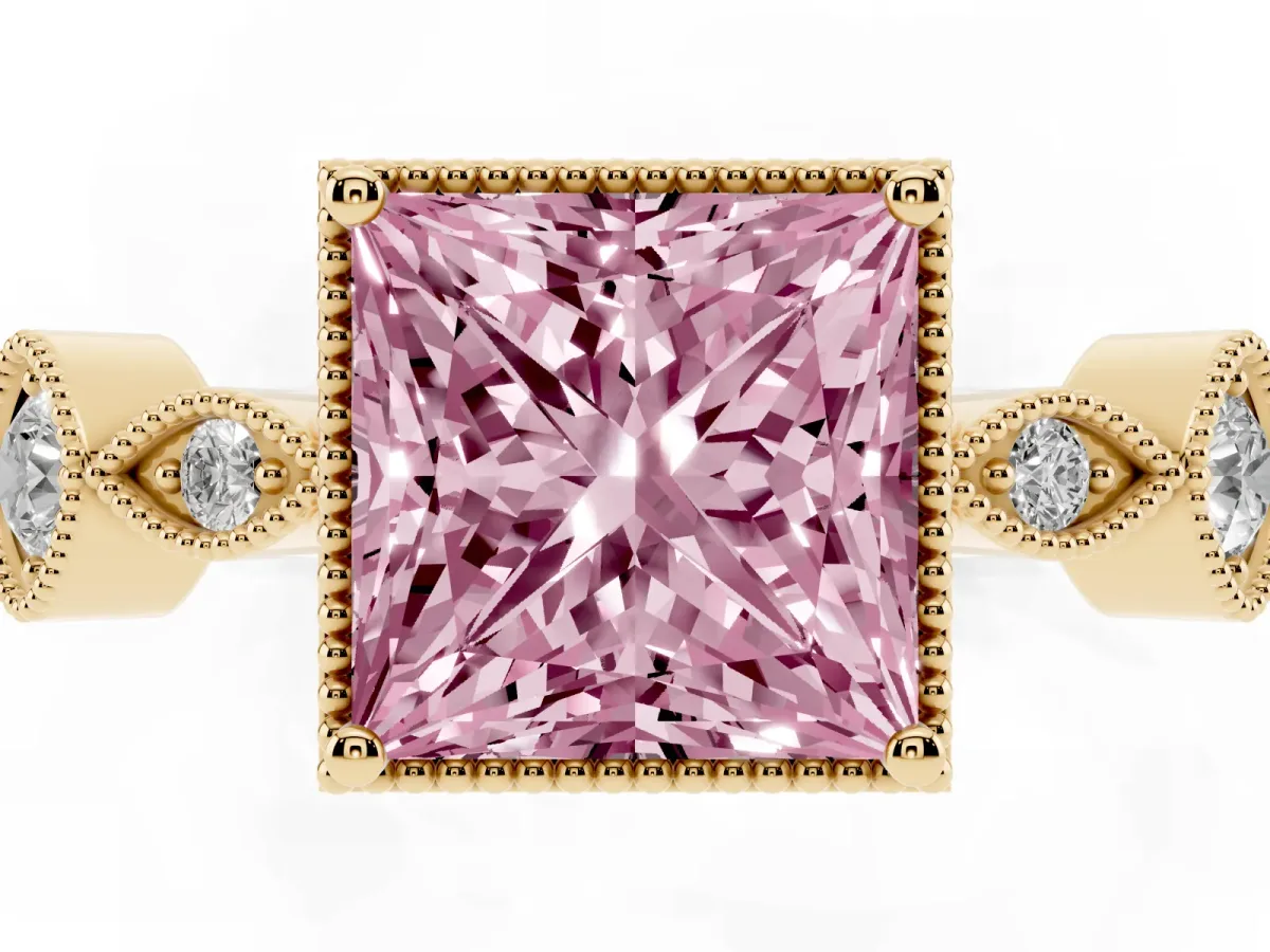 Fancy Pink Princess Cut Diamond Vintage Milgrain Ring with Round Stations Yellow gold