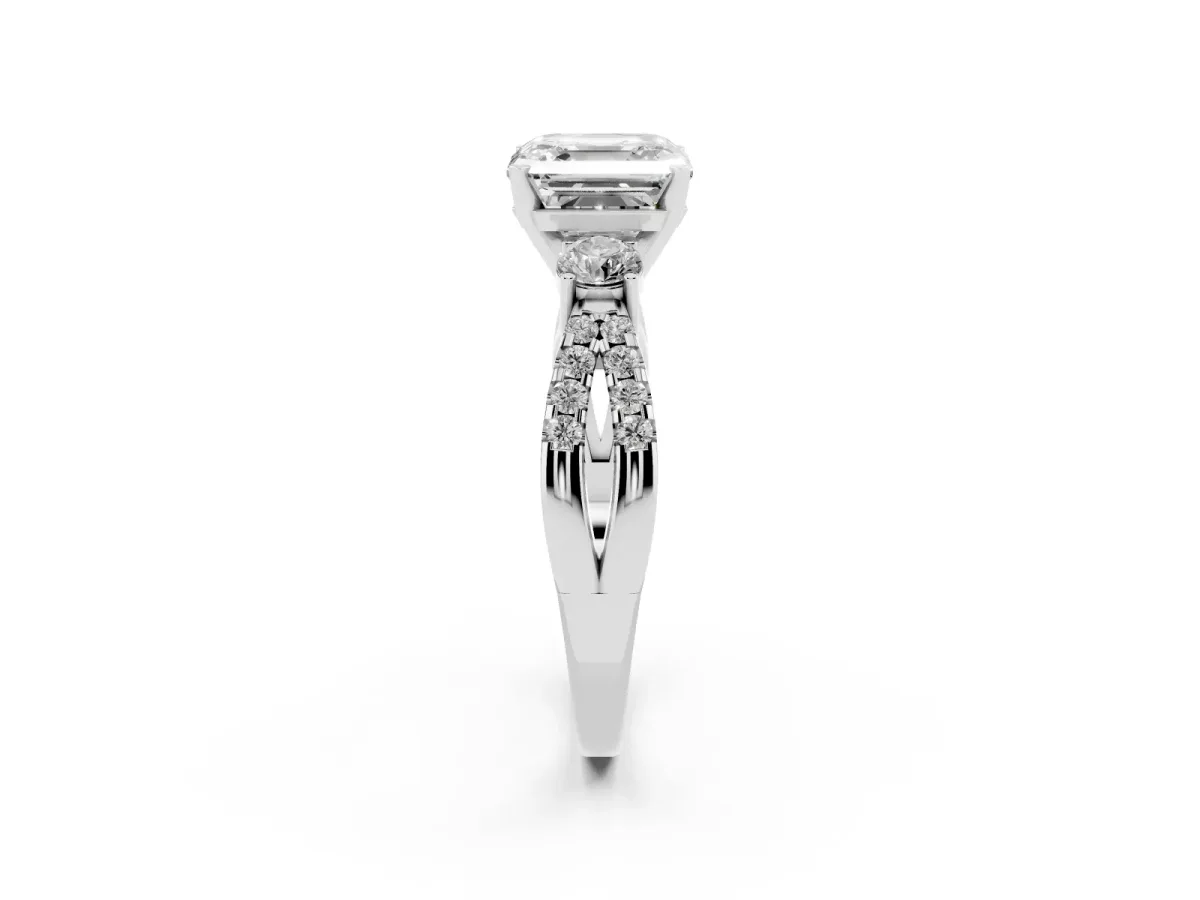 Asscher Cut Diamond Three-Stone Ring with Pavé Split Shank and Four-Prong Setting White gold