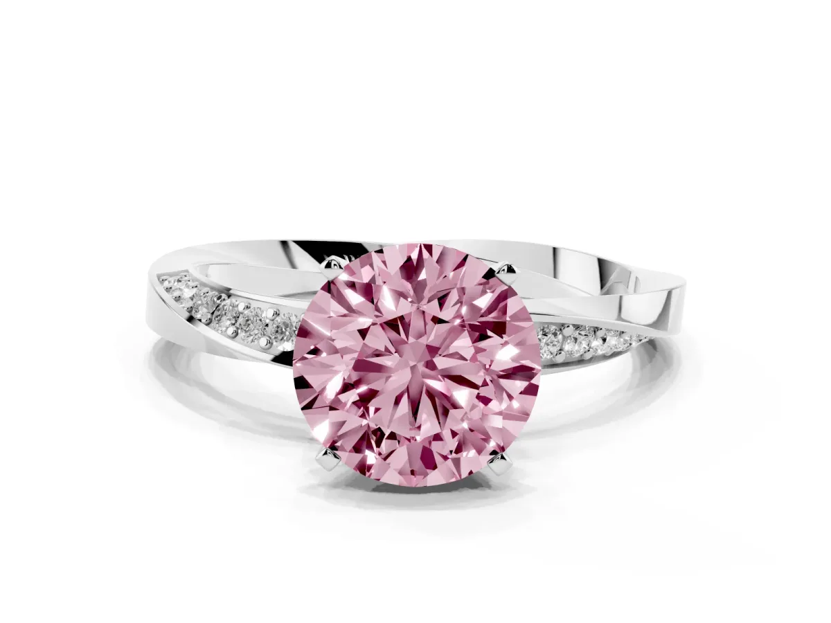 Fancy Pink Round Cut Diamond Engagement Ring with Side Stone Accents and Four-Prong Setting Silver