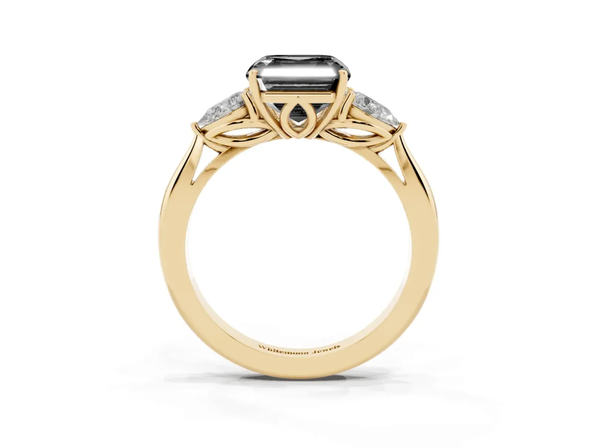 Fancy Black Three-Stone Asscher Cut Brilliant Diamond Solitaire Ring with Tapered Band and Four-Prong Setting Yellow gold