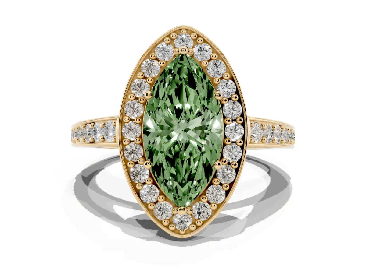 Fancy Green Marquise Cut Halo Pavé Diamond Engagement Ring with Bezel Setting Yellow gold