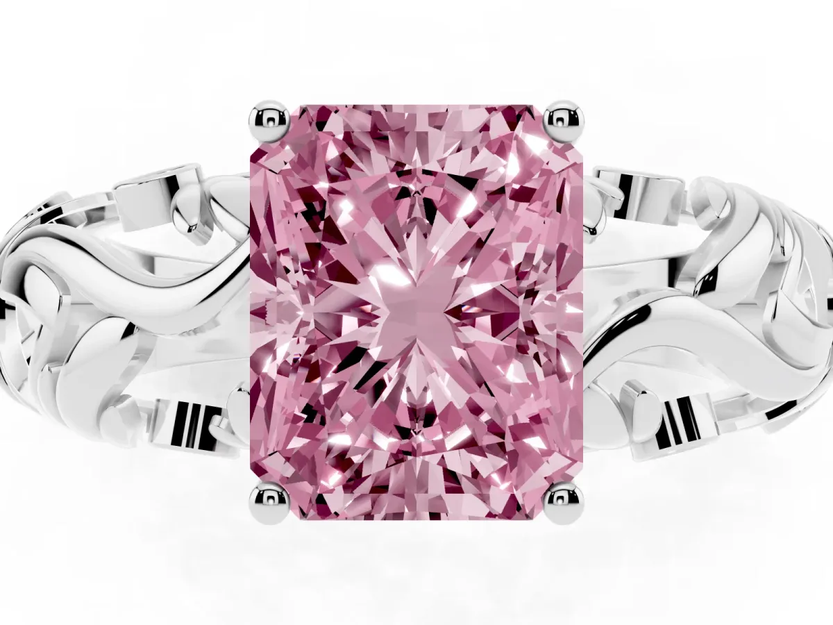 Fancy Pink Radiant Cut Solitaire Diamond Leaf-Inspired Vine Band Ring with Prong Setting Silver
