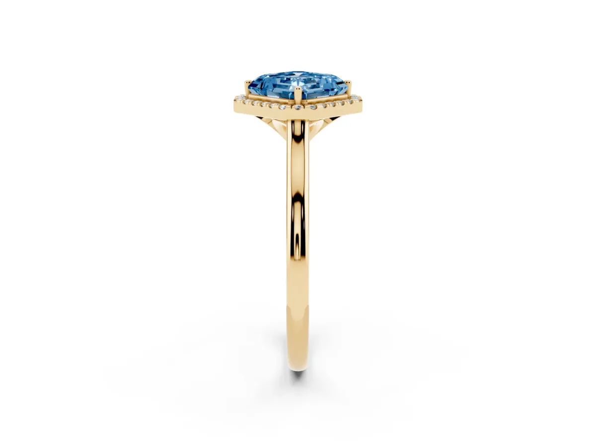 Fancy Blue Asscher Cut Halo Round Diamond Solitaire Engagement Ring with Pave Band and Four-Prong Setting Yellow gold