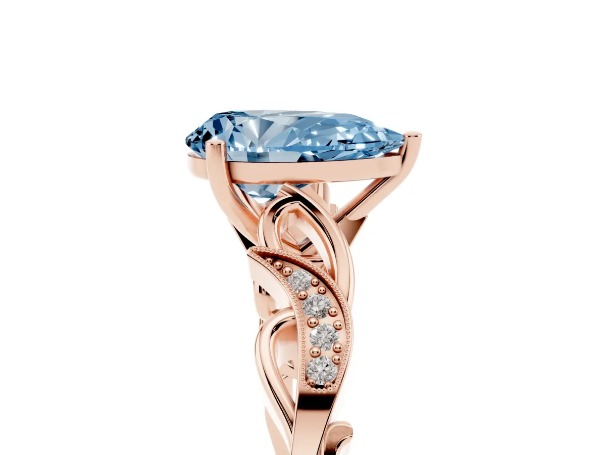 Fancy Blue Pear Cut Solitaire Vine Band with Milgrain Prong Setting Rose gold