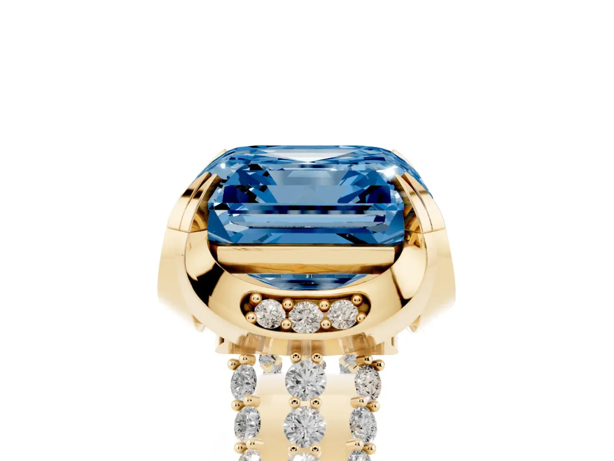 Fancy Blue Asscher Cut Solitaire Pave Split Shank Ring with Four-Prong Setting Yellow gold