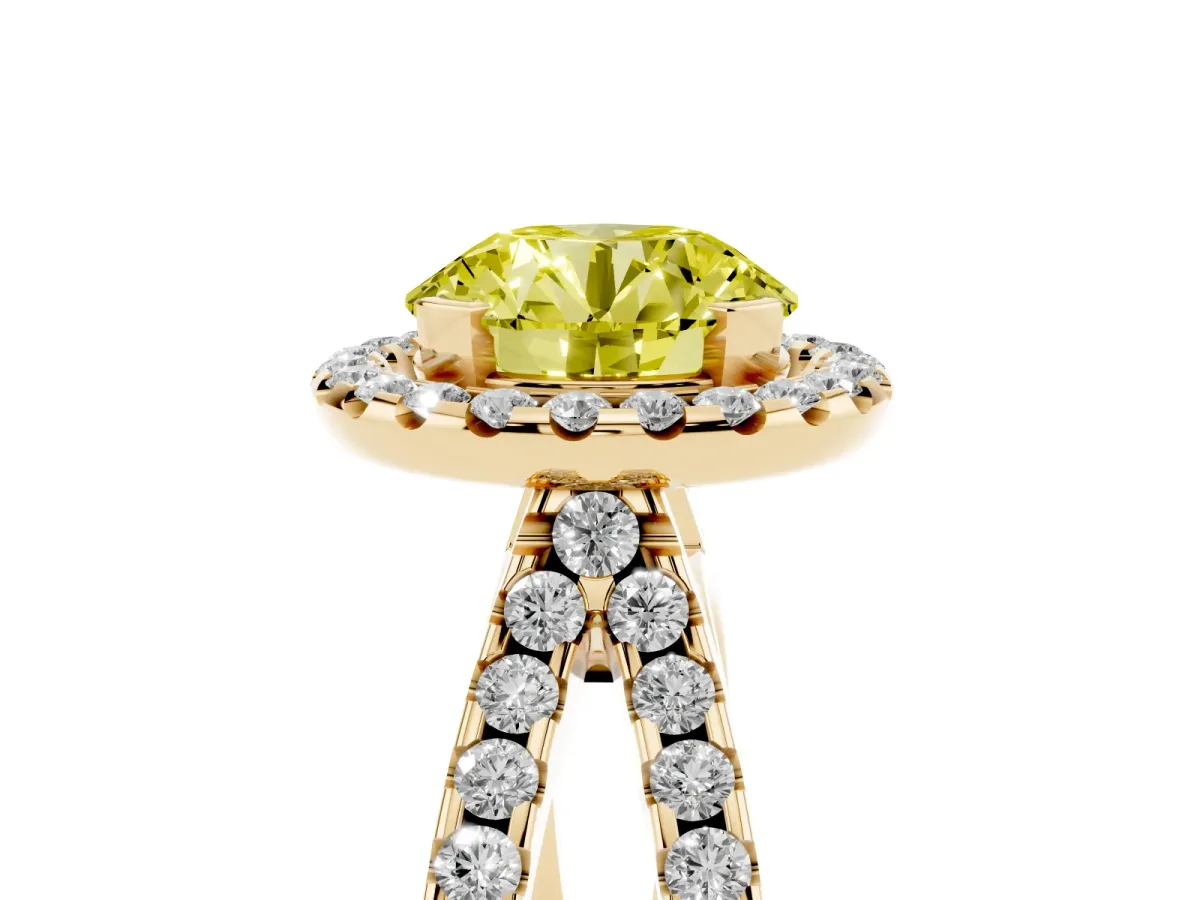 Fancy Yellow Round Cut Diamond Halo Ring with Split Shank Pavé Band and Prong Setting Yellow gold