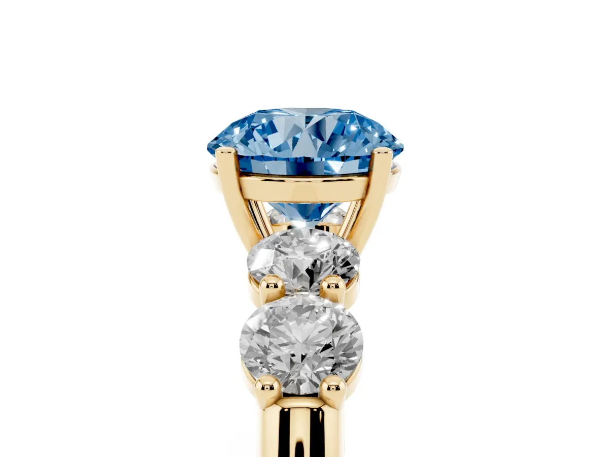 Fancy Blue Round Cut Cut Five-Stone Prong Set Diamond Ring with Classic Band Yellow gold