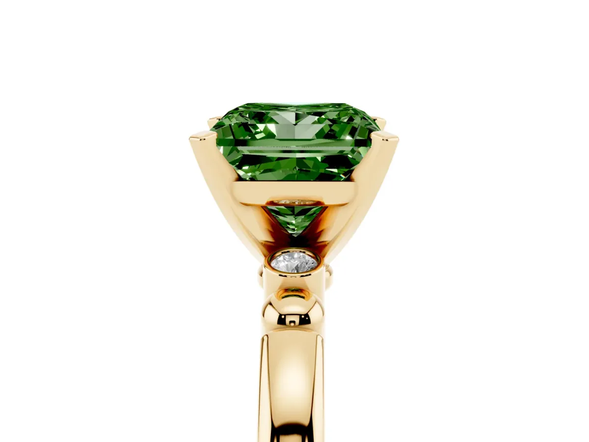 Fancy Green Princess Cut Solitaire Beaded Band with Four-Prong Setting Yellow gold