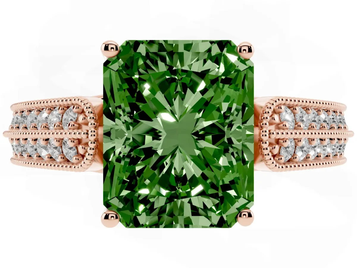 Fancy Green Radiant Cut Cut Pave Split Shank Engagement Ring with Four-Prong Setting Rose gold