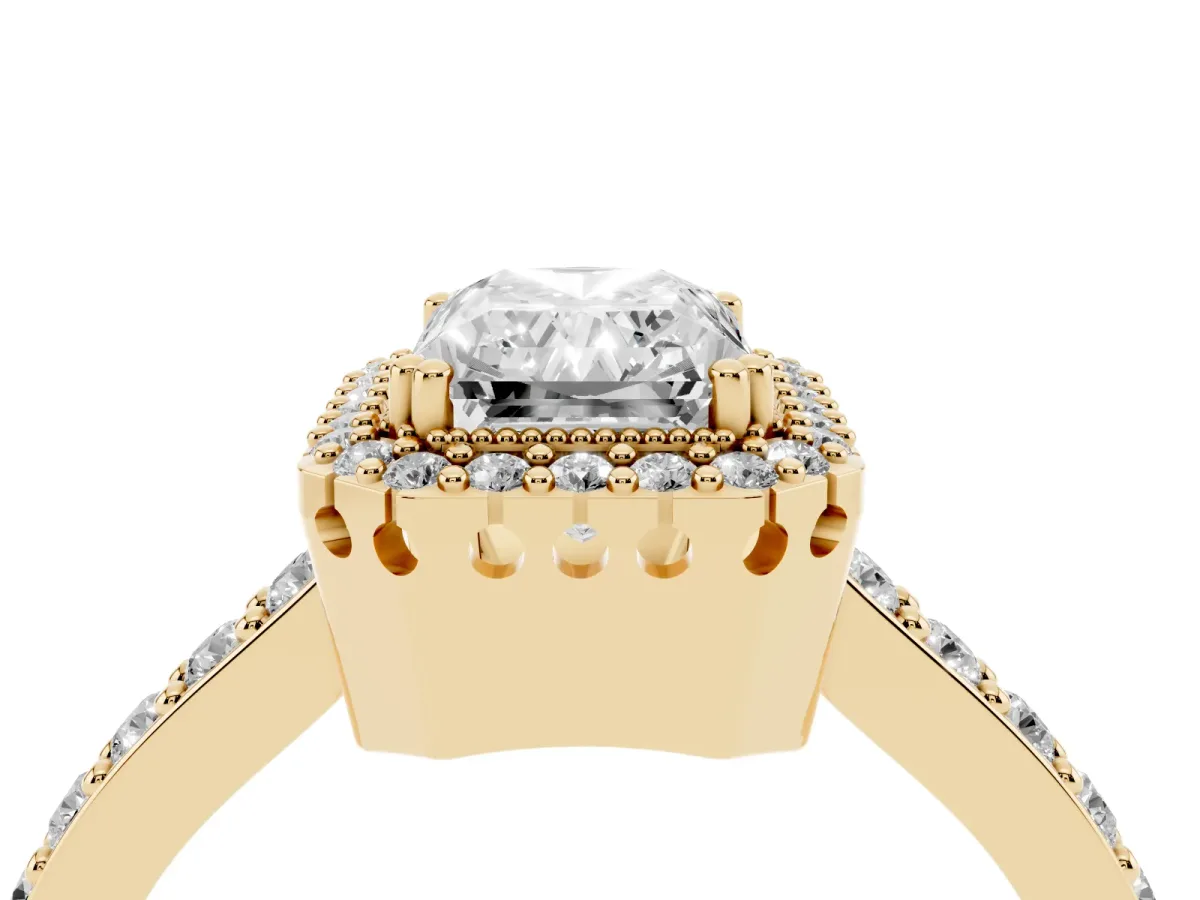 Radiant Cut Cut Diamond Halo Engagement Ring with Milgrain Detail and Pavé Band Yellow gold