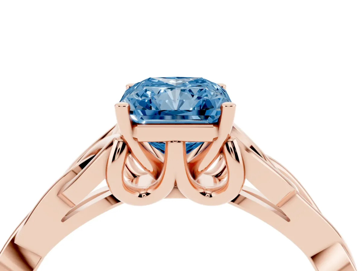 Fancy Blue Radiant Cut Diamond Solitaire Engagement Ring with Celtic Knot Band and Four-Prong Setting Rose gold