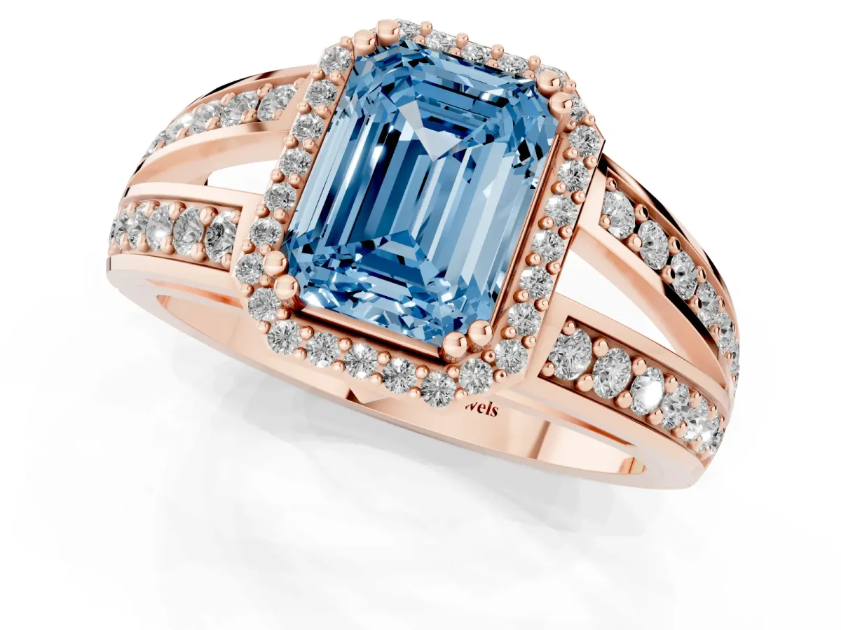 Fancy Blue Emerald Cut Diamond Halo Ring with Split Shank Pavé Band and Four-Prong Setting Rose gold