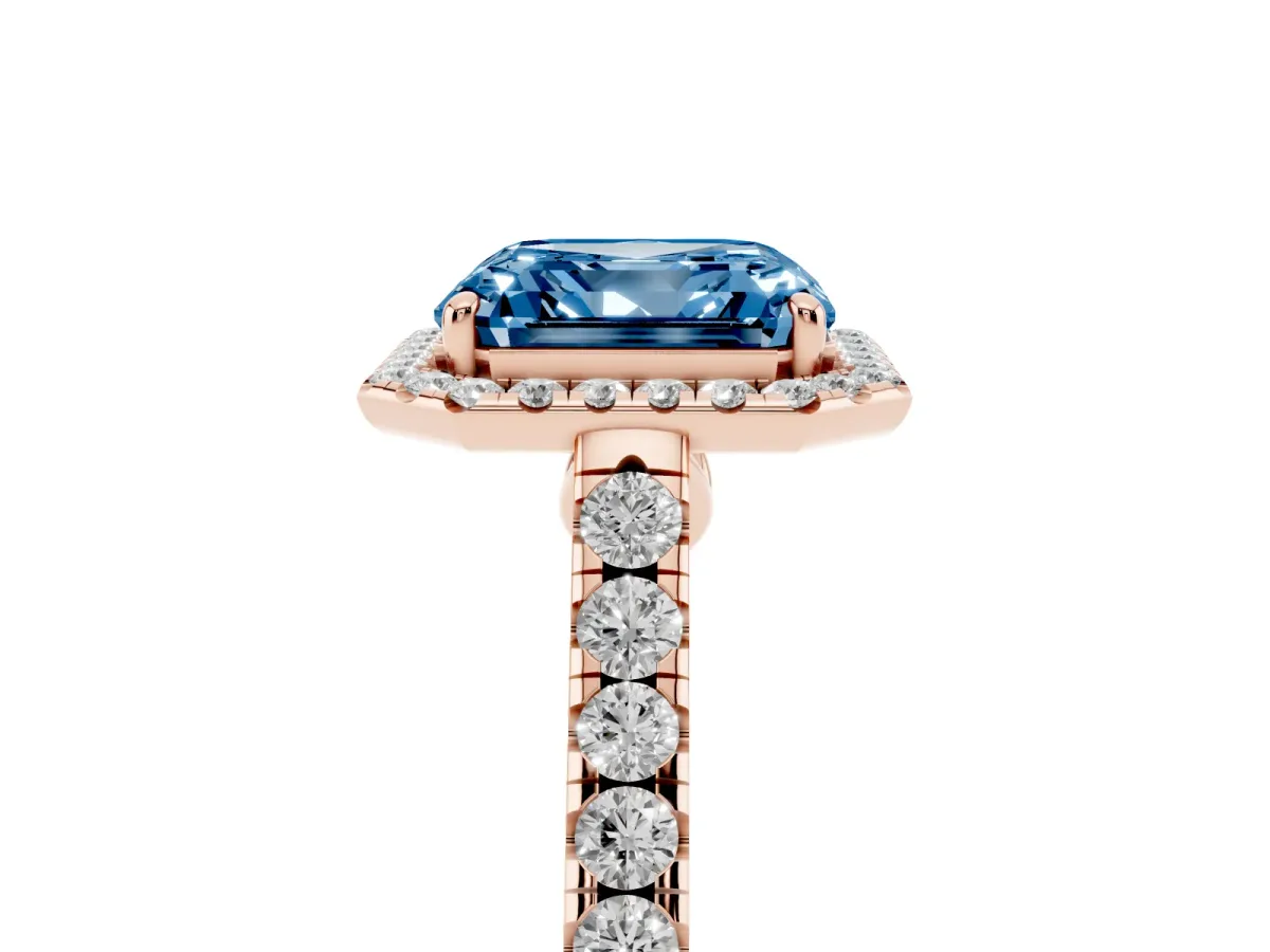 Fancy Blue Asscher Cut Halo Pave Diamond Engagement Ring with Four-Prong Setting Rose gold