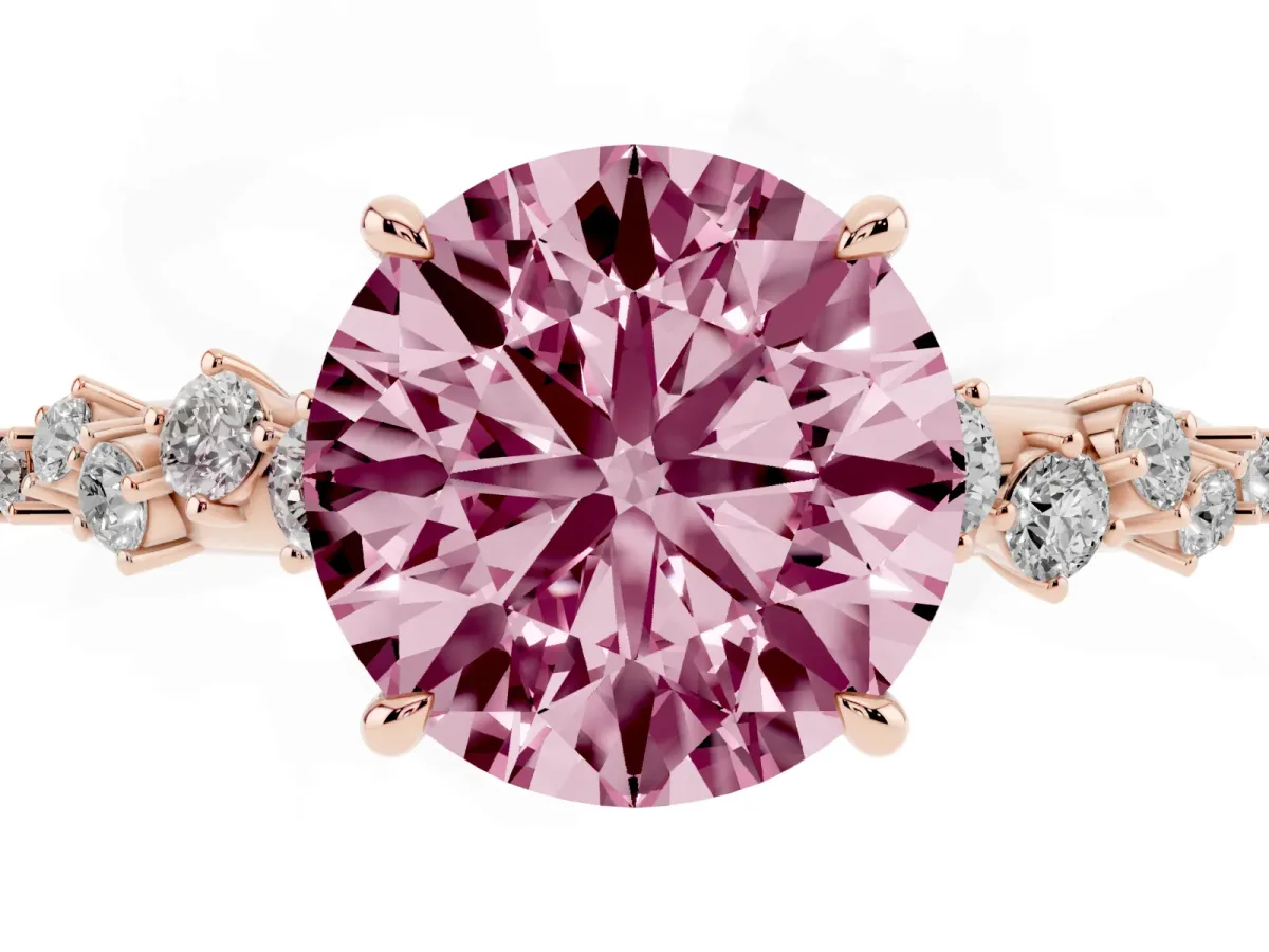 Fancy Pink Round Cut Diamond Cluster Side Stone Solitaire Ring with Prong Setting Rose gold
